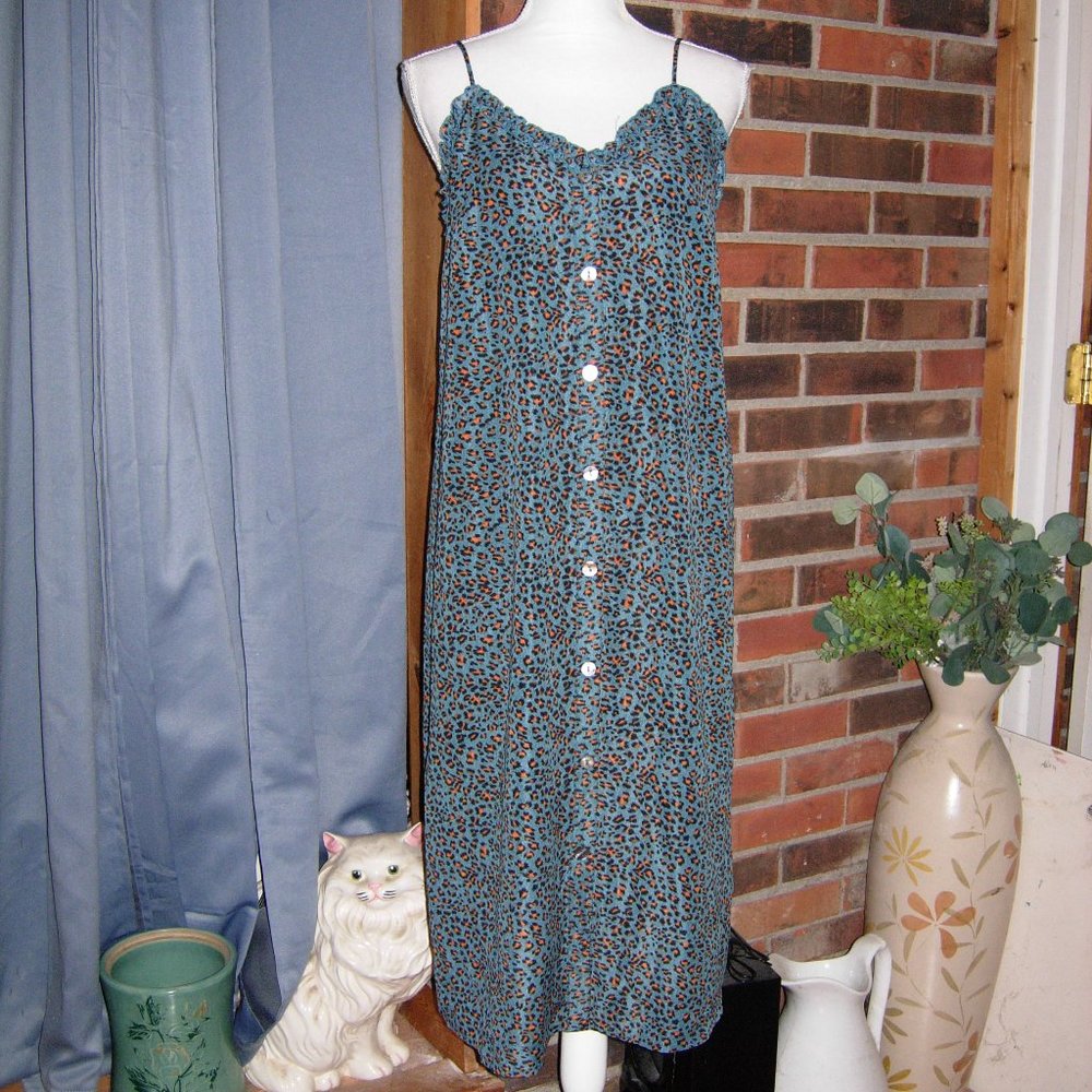 Mittoshop Leopard Animal Print Button Front Slip Ruffle Trim Midi Dress S